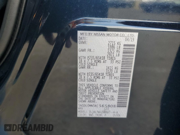 2019 Infiniti QX60 Luxe z VIN 5N1DL0MN5KC565808, wystawiony jako Copart lot #55606145 z przebiegiem 89 994 mil mil oraz Szkoda całkowita • Salvage title. Historia ofert i sprzedaży dostępna na DreamBid. Obrazek 12.