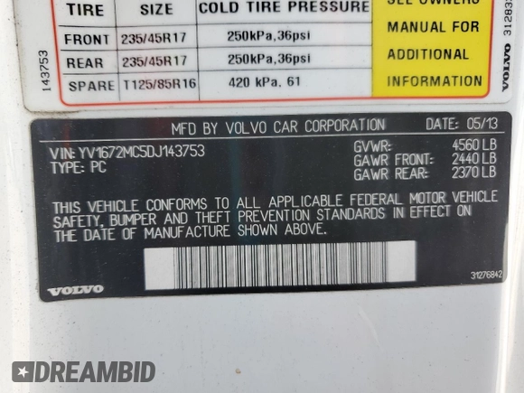 2013 Volvo C70 T5 with VIN YV1672MC5DJ143753, listed as a Copart auction lot 65987615 with 46,874 mi miles and Clean title. Bid and sale history available at DreamBid. Image 12.