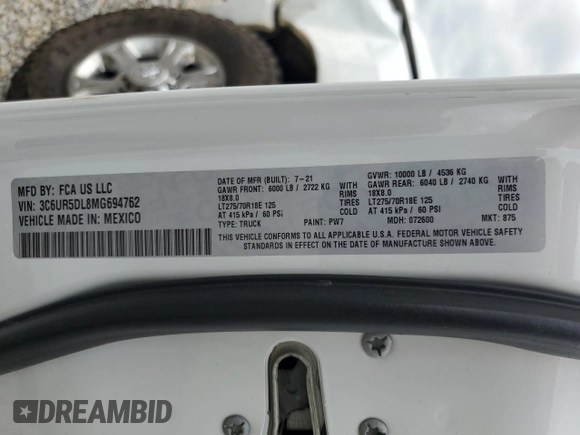2021 Ram 2500 Big Horn with VIN 3C6UR5DL8MG694762, listed as a Copart auction lot 58244055 with Not provided miles and Salvage title. Bid and sale history available at DreamBid. Image 12.