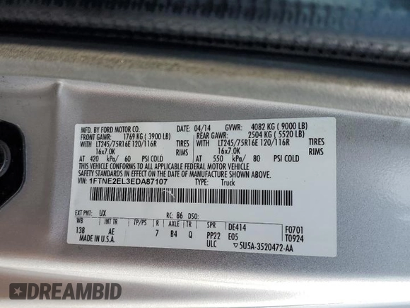 2014 Ford Econoline Cargo Commercial with VIN 1FTNE2EL3EDA87107, listed as a Copart auction lot 45336725 with 205,547 mi miles and Salvage title. Bid and sale history available at DreamBid. Image 13.