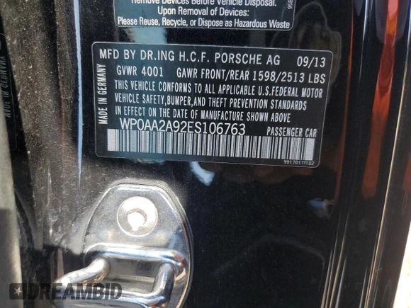 2014 Porsche 911 Carrera with VIN WP0AA2A92ES106763, listed as a Copart auction lot 62423665 with 26,541 mi miles and Salvage title. Bid and sale history available at DreamBid. Image 12.