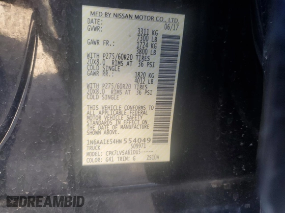 2017 Nissan Titan SL z VIN 1N6AA1E54HN554049, wystawiony jako Copart lot #81404094 z przebiegiem 97 811 mil mil oraz Czysty tytuł • Clean title. Historia ofert i sprzedaży dostępna na DreamBid. Obrazek 12.