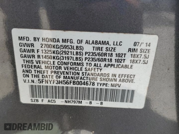 2015 Honda Pilot EX-L z VIN 5FNYF3H56FB004678, wystawiony jako Copart lot #53376705 z przebiegiem 117 910 mil mil oraz Szkoda całkowita • Salvage title. Historia ofert i sprzedaży dostępna na DreamBid. Obrazek 15.