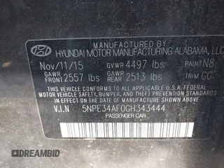2016 Hyundai Sonata Sport with VIN 5NPE34AF0GH343444, listed as a IAAI auction lot 42034215 with 55,768 mi miles and . Bid and sale history available at DreamBid. Image 9.