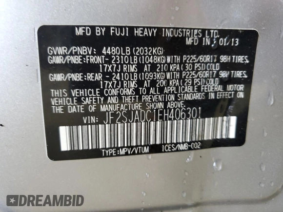 2014 Subaru Forester Premium z VIN JF2SJADC1EH406301, wystawiony jako Copart lot #55486155 z przebiegiem Nie podano mil oraz Szkoda całkowita • Salvage title. Historia ofert i sprzedaży dostępna na DreamBid. Obrazek 12.