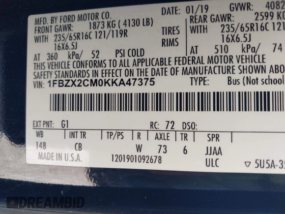 2019 Ford Transit Passenger XL with VIN 1FBZX2CM0KKA47375, listed as a IAAI auction lot 42087499 with 93,021 mi miles and . Bid and sale history available at DreamBid. Image 9.