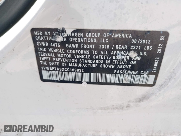 2012 Volkswagen Passat SE with VIN 1VWBP7A3XCC109832, listed as a IAAI auction lot 41657750 with 192,653 mi miles. Bid and sale history available at carsss.com. Image 9.