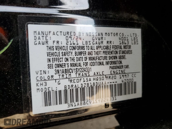 2025 Nissan Sentra SV z VIN 3N1AB8CV1SY224331, wystawiony jako Copart lot #52044775 z przebiegiem 1 454 mil mil oraz Czysty tytuł • Clean title. Historia ofert i sprzedaży dostępna na DreamBid. Obrazek 12.