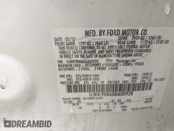 2013 Lincoln MKS with VIN 1LNHL9DK6DG600928, listed as a IAAI auction lot 42502424 with 194,015 mi miles and . Bid and sale history available at DreamBid. Image 9.
