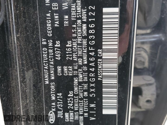 2015 Kia Optima SXL Turbo with VIN 5XXGR4A64FG386122, listed as a Copart auction lot 54451215 with 161,913 mi miles and Clean Title. Bid and sale history available at DreamBid. Image 12.