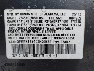 2012 Honda Ridgeline RT with VIN 5FPYK1F24CB456298, listed as a IAAI auction lot 40869948 with 123,329 mi miles and . Bid and sale history available at DreamBid. Image 9.