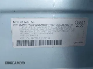 2006 Audi A4 with VIN WAUDH98EX6A131208, listed as a IAAI auction lot 41207598 with 181,811 mi miles and . Bid and sale history available at DreamBid. Image 9.