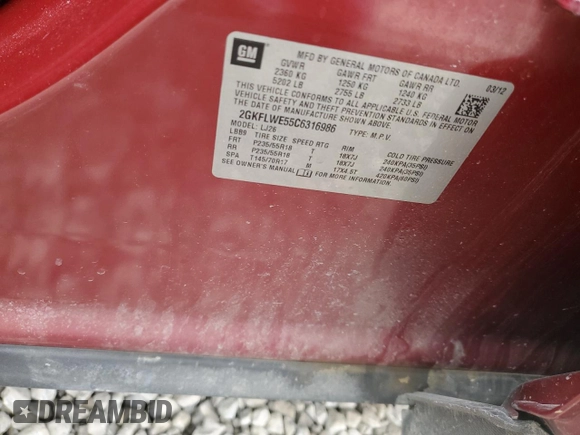 2012 GMC Terrain SLT-2 with VIN 2GKFLWE55C6316986, listed as a Copart auction lot 46814535 with 205,832 mi miles and Salvage Title. Bid and sale history available at DreamBid. Image 16.
