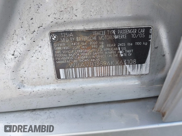 2006 BMW 3 Series 325i с VIN WBAVB13596KX63108, выставлен на аукционе IAAI как лот 42047192 с пробегом Не указан миль и . История ставок и продаж доступна на DreamBid. Изображение 9.