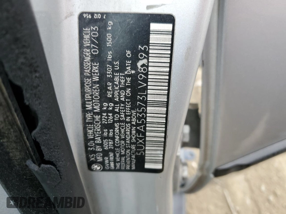 2003 BMW X5 3.0i with VIN 5UXFA53573LV98293, listed as a Copart auction lot 69780404 with 0 mi miles and Salvage Title. Bid and sale history available at carsss.com. Image 14.