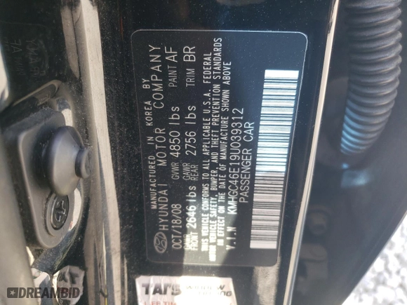 2009 Hyundai Genesis with VIN KMHGC46E19U039312, listed as a Copart auction lot 51131965 with 234,586 mi miles and Salvage Title. Bid and sale history available at carsss.com. Image 12.