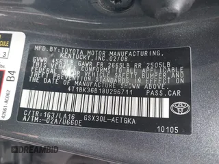 2008 Toyota Avalon XL with VIN 4T1BK36B18U296711, listed as a IAAI auction lot 41911190 with 188,778 mi miles and . Bid and sale history available at DreamBid. Image 9.