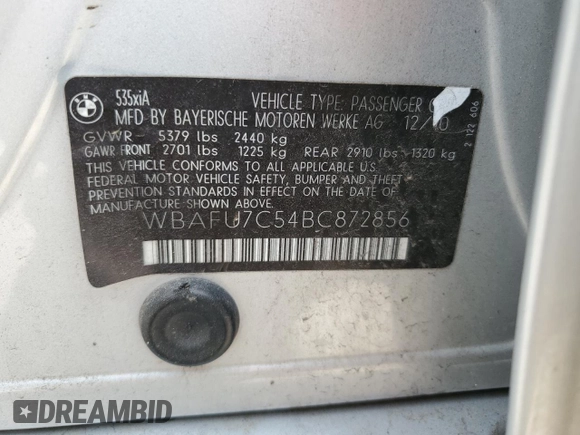 2011 BMW 5 Series 535i xDrive with VIN WBAFU7C54BC872856, listed as a Copart auction lot 53937455 with 152,939 mi miles and Salvage Title. Bid and sale history available at carsss.com. Image 12.