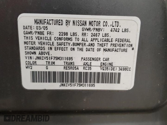 2005 Infiniti G35 with VIN JNKCV51F75M311695, listed as a Copart auction lot 53190435 with 158,464 mi miles and Clean Title. Bid and sale history available at carsss.com. Image 13.