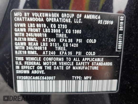 2019 Volkswagen Atlas S with VIN 1V2GR2CA6KC543907, listed as a Copart auction lot 49256425 with 81,240 mi miles and Salvage title. Bid and sale history available at DreamBid. Image 13.