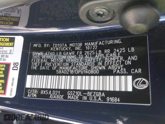 2023 Lexus ES 350 with VIN 58ADZ1B13PU140800, listed as a IAAI auction lot 41937973 with 16,419 mi miles and . Bid and sale history available at DreamBid. Image 9.