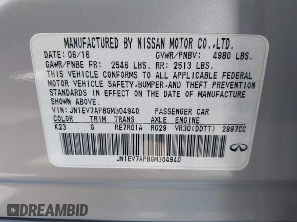 2016 Infiniti Q50 3.0t Premium with VIN JN1EV7AP8GM304940, listed as a IAAI auction lot 41836779 with 103,246 mi miles. Bid and sale history available at carsss.com. Image 9.
