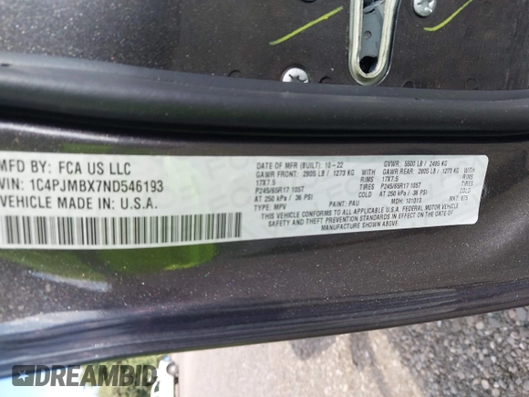 2022 Jeep Cherokee Trailhawk с VIN 1C4PJMBX7ND546193, выставлен на аукционе IAAI как лот 42785874 с пробегом 19 252 миль миль и . История ставок и продаж доступна на DreamBid. Изображение 9.