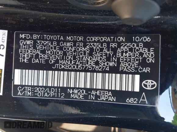 2007 Toyota Prius with VIN JTDKB20U577578274, listed as a IAAI auction lot 42722245 with Not provided miles and . Bid and sale history available at DreamBid. Image 9.