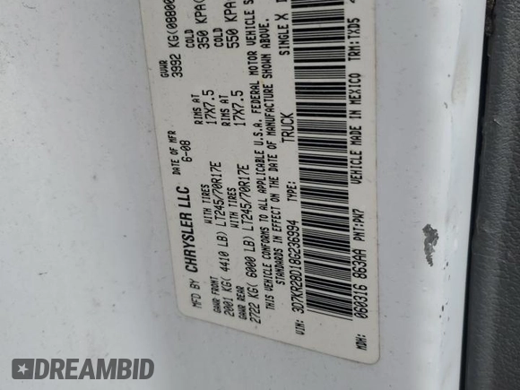 2008 Dodge 2500 ST with VIN 3D7KR28D18G236994, listed as a Copart auction lot 56574195 with 161,905 mi miles and Clean Title. Bid and sale history available at DreamBid. Image 12.