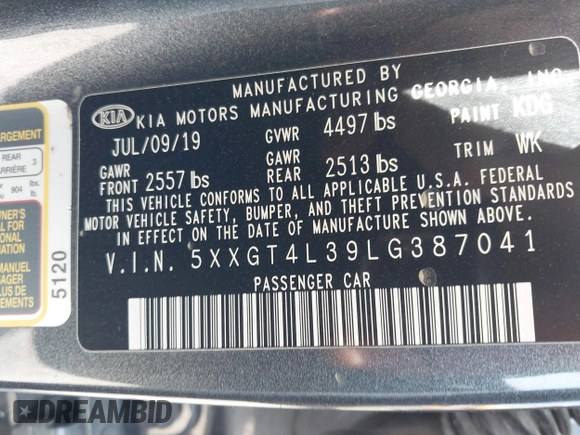 2020 Kia Optima LX with VIN 5XXGT4L39LG387041, listed as a IAAI auction lot 41817772 with 94,860 mi miles and . Bid and sale history available at DreamBid. Image 9.
