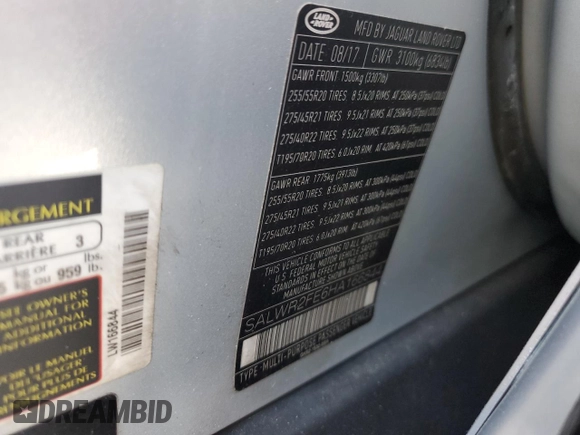 2017 Land Rover Range Rover Sport with VIN SALWR2FE6HA166844, listed as a Copart auction lot 52787935 with 51,164 mi miles and Salvage title. Bid and sale history available at DreamBid. Image 13.
