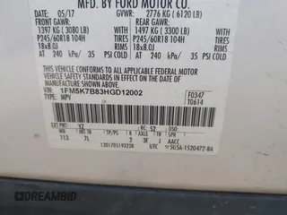 2017 Ford Explorer z VIN 1FM5K7B83HGD12002, wystawiony jako IAAI lot #42475905 z przebiegiem 186 741 mil mil oraz . Historia ofert i sprzedaży dostępna na DreamBid. Obrazek 9.