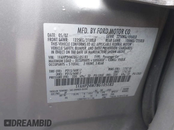 2008 Ford Taurus SEL with VIN 1FAHP24W78G105183, listed as a IAAI auction lot 41441086 with 215,758 mi miles. Bid and sale history available at carsss.com. Image 9.