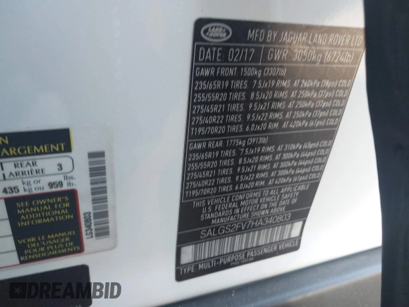 2017 Land Rover Range Rover HSE с VIN SALGS2FV7HA340803, выставлен на аукционе IAAI как лот 41762699 с пробегом 86 215 миль миль и . История ставок и продаж доступна на DreamBid. Изображение 9.