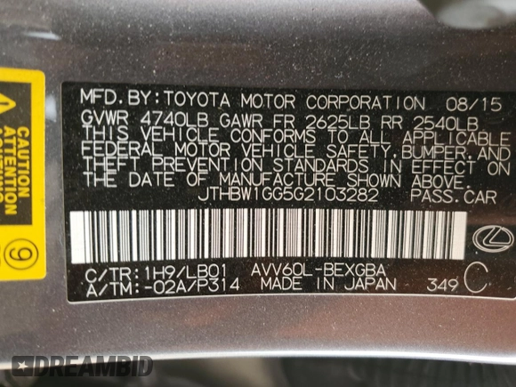 2016 Lexus ES 300h with VIN JTHBW1GG5G2103282, listed as a Copart auction lot 58801825 with 81,917 mi miles and Salvage title. Bid and sale history available at DreamBid. Image 12.