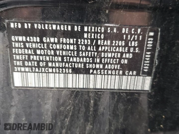 2012 Volkswagen Jetta TDI with VIN 3VWML7AJXCM652356, listed as a Copart auction lot 58726195 with 119,966 mi miles and Salvage title. Bid and sale history available at DreamBid. Image 12.
