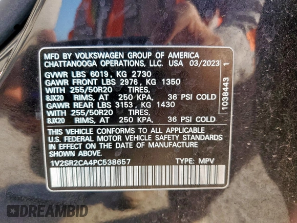 2023 Volkswagen Atlas SEL R-Line Black с VIN 1V2SR2CA4PC538657, выставлен на аукционе Copart как лот 60351125 с пробегом Не указан миль и Списание • Salvage title. История ставок и продаж доступна на DreamBid. Изображение 12.