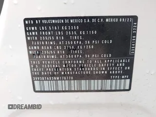 2022 Volkswagen Tiguan SE with VIN 3VV3B7AX3NM176770, listed as a IAAI auction lot 42114378 with 37,448 mi miles and . Bid and sale history available at DreamBid. Image 9.