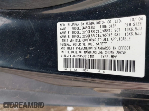 2005 Honda CR-V EX SE z VIN JHLRD789X5C016481, wystawiony jako IAAI lot #42521640 z przebiegiem 278 567 mil mil oraz . Historia ofert i sprzedaży dostępna na DreamBid. Obrazek 9.
