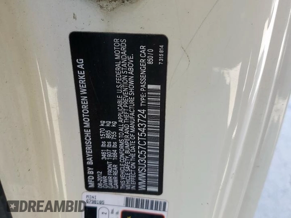 2012 MINI Hardtop with VIN WMWSU3C57CT543724, listed as a Copart auction lot 50081705 with Not Provided miles and Salvage Title. Bid and sale history available at DreamBid. Image 12.