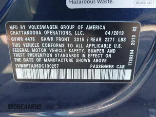 2013 Volkswagen Passat SE z VIN 1VWBP7A36DC130257, wystawiony jako IAAI lot #41987145 z przebiegiem 148 881 mil mil oraz . Historia ofert i sprzedaży dostępna na DreamBid. Obrazek 9.