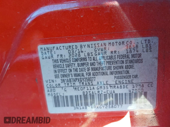 2016 Nissan Sentra SV with VIN 3N1AB7APXGY258077, listed as a IAAI auction lot 40848275 with 138,311 mi miles and . Bid and sale history available at DreamBid. Image 9.