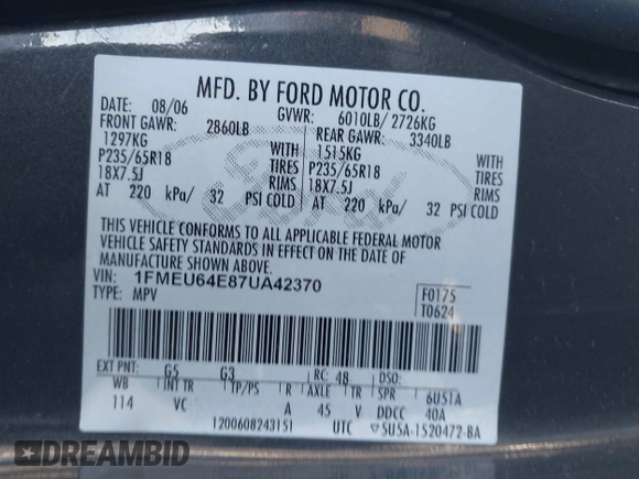 2007 Ford Explorer Eddie Bauer с VIN 1FMEU64E87UA42370, выставлен на аукционе IAAI как лот 41871176 с пробегом 156 223 миль миль и . История ставок и продаж доступна на DreamBid. Изображение 9.