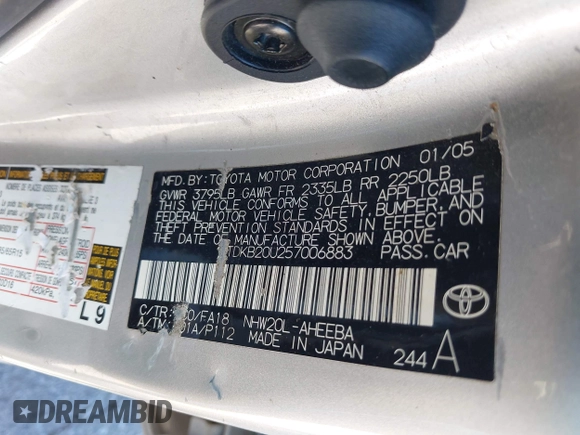 2005 Toyota Prius with VIN JTDKB20U257006883, listed as a IAAI auction lot 42180581 with 187,531 mi miles and . Bid and sale history available at DreamBid. Image 9.