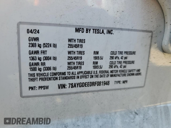 2024 Tesla Model Y Long Range with VIN 7SAYGDEE0RF081948, listed as a Copart auction lot 52612805 with 12,099 mi miles and Salvage Title. Bid and sale history available at DreamBid. Image 12.