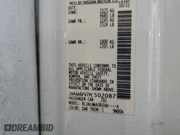 2023 Nissan Maxima Platinum with VIN 1N4AA6FV7PC502087, listed as a Copart auction lot 55296145 with 45,000 mi miles and Salvage title. Bid and sale history available at DreamBid. Image 12.