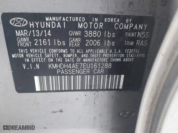 2014 Hyundai Elantra SE with VIN KMHDH4AE7EU161288, listed as a IAAI auction lot 41465502 with 221,041 mi miles. Bid and sale history available at carsss.com. Image 9.