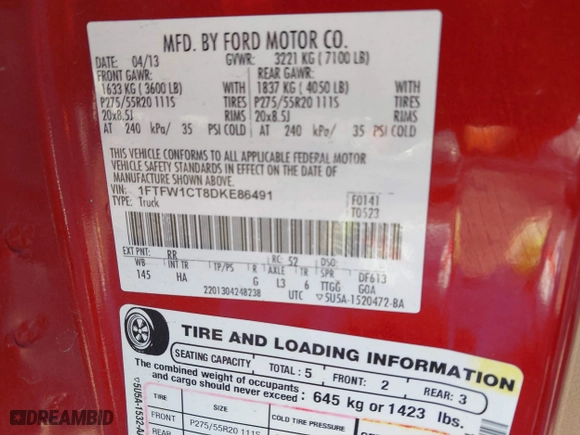 2013 Ford F-150 XL with VIN 1FTFW1CT8DKE86491, listed as a IAAI auction lot 41138690 with 177,027 mi miles. Bid and sale history available at carsss.com. Image 9.