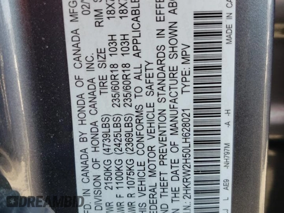 2020 Honda CR-V EX with VIN 2HKRW2H50LH628021, listed as a Copart auction lot 48953955 with 69,565 mi miles and Salvage Title. Bid and sale history available at carsss.com. Image 13.