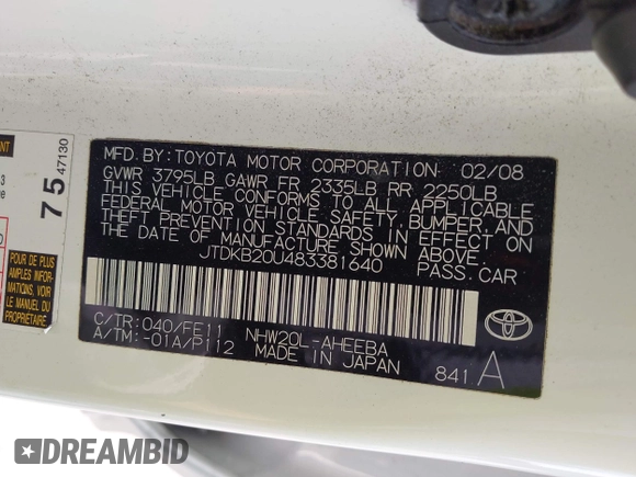 2008 Toyota Prius with VIN JTDKB20U483381640, listed as a IAAI auction lot 41976518 with 177,557 mi miles. Bid and sale history available at carsss.com. Image 9.